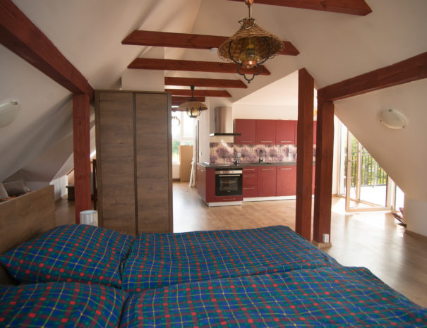 Bett und offene Wohnfläche in der Dachgeschosswohnung